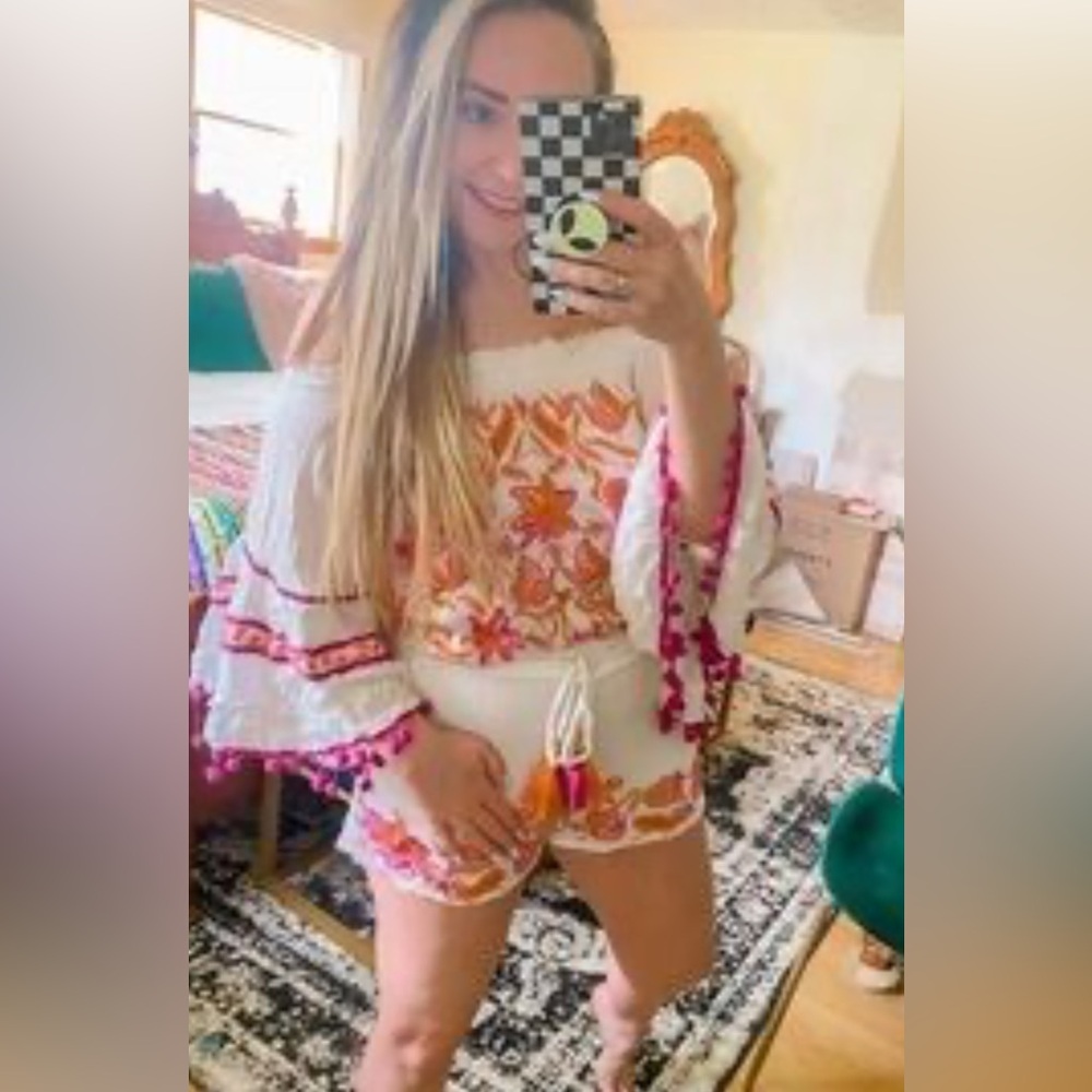 Anthropologie RAGA embroidered floral pom pom boho romper xs